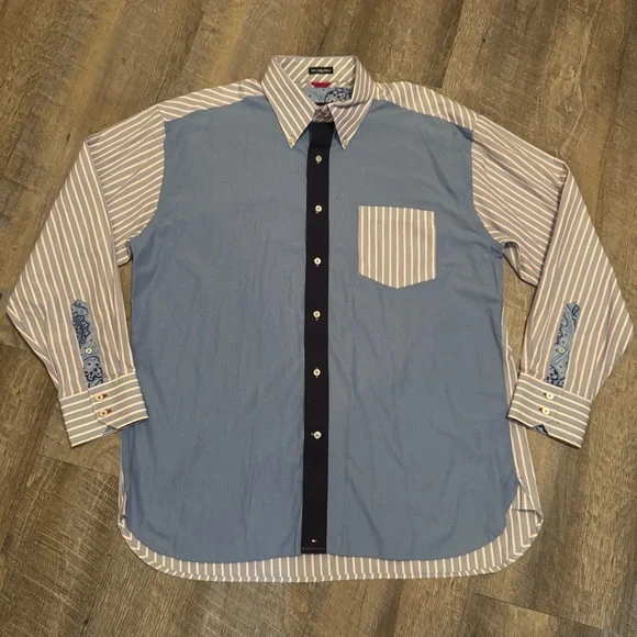 Tommy Hilfiger Patchwork Button Down Shirt XL 80s 2 Ply Fabric Striped Paisley - Picture 1 of 16